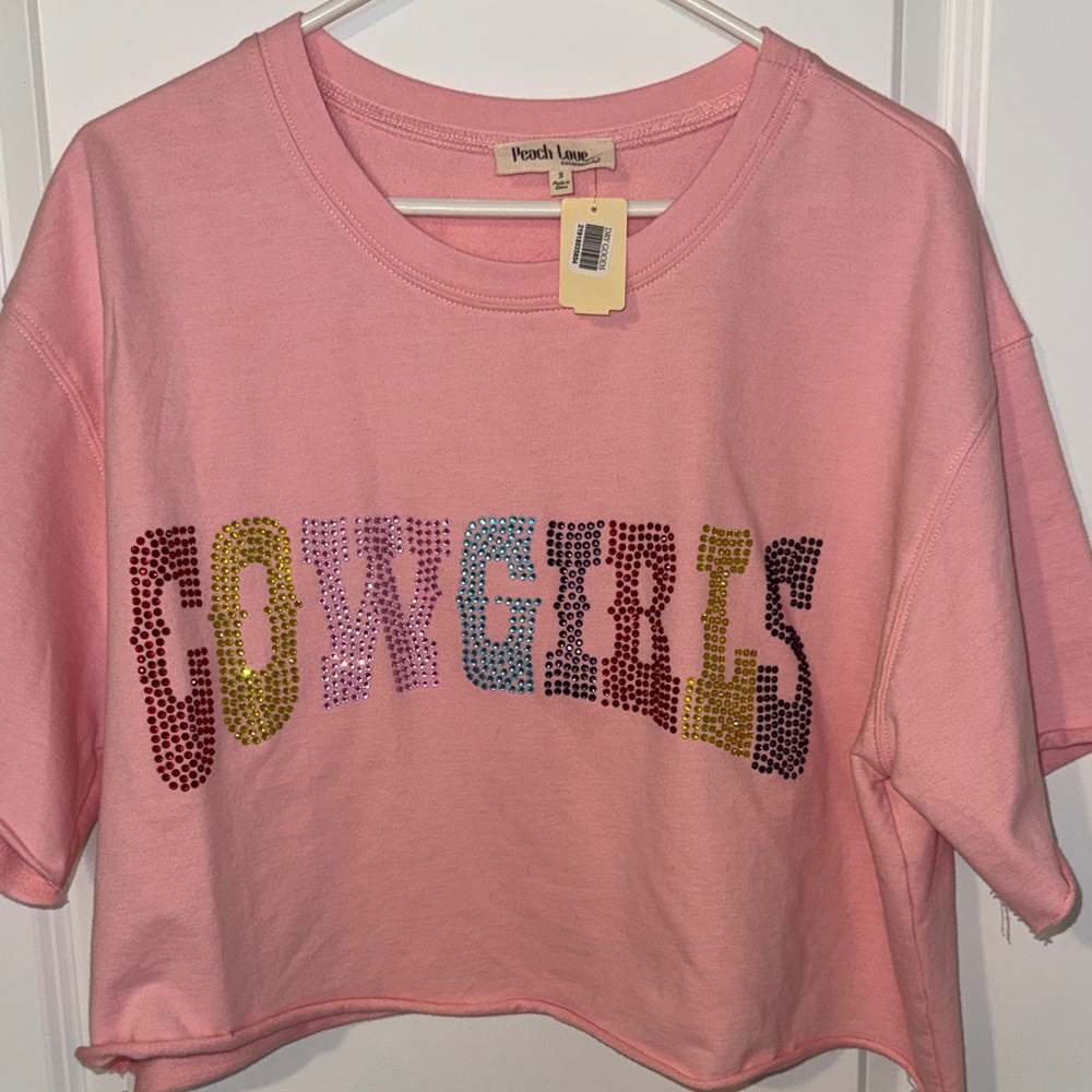 Dry Goods Pink Crop Top with Multicolor Lettering